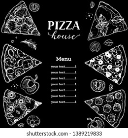 Italian pizza vector illustration. Hand drawn sketch pizza. Italian food. Package design. Pizza slices illustration. Can used for menu or packaging design.