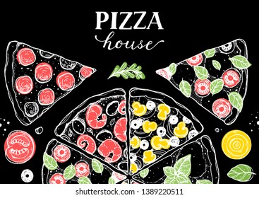 Italian pizza vector illustration. Hand drawn sketch pizza. Italian food. Package design. Pizza slices illustration. Can used for packaging design.