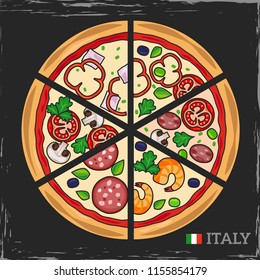 Italian pizza vector illustration on grunge dark backdrop