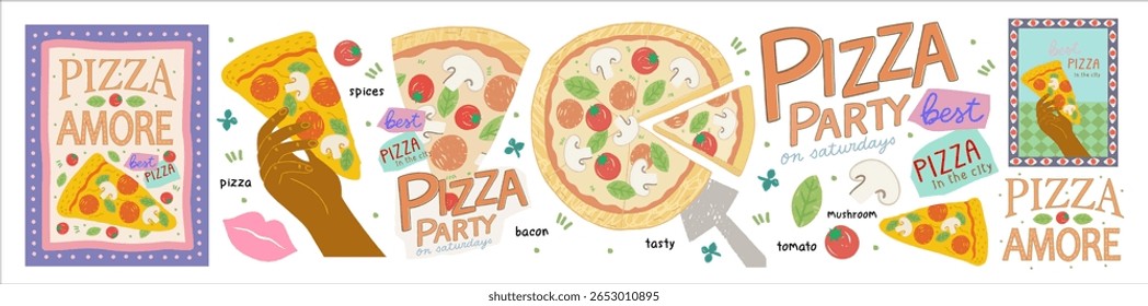 Italian pizza. Vector isolated retro illustration of a slice of pepperoni pizza with mushrooms, tomatoes and bacon, hand drawn for vintage restaurant, pizzeria or cafe wall poster or icons