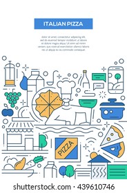 Italian pizza - vector line design brochure poster, flyer presentation template, A4 size layout: Italy cuisine, food, meals, restaurant, cafe, pizzeria, ingredients, kitchen chef cooker