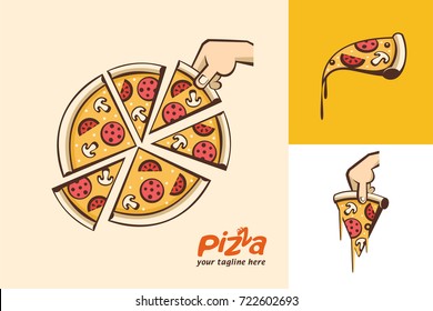 Italian pizza. Vector logos in cartoon style. Large sliced pizza. A slice of pizza in hand.