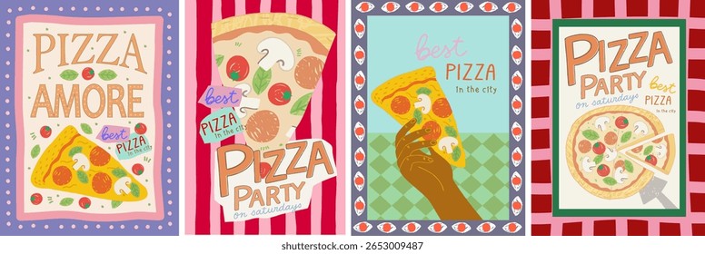 Italian pizza. Vector retro illustration of a slice of pizza with mushrooms, tomatoes and bacon in hand and drawn for a vintage poster on the wall in the kitchen, restaurant, pizzeria or cafe