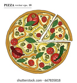 Italian Pizza vegetarian hand drawn vector illustration. Can be use for pizzeria, cafe, shop, restaurant.