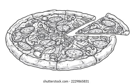 Italian pizza vintage monochrome emblem with appetizer from pizzeria in classic style with addition of sausage and vegetables vector illustration