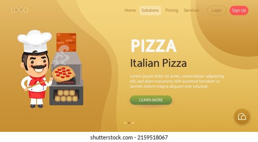 Italian Pizza website template. Illustration of a cartoon pizza cook with hot pizza on a shovel near the oven. Composition with a professional. Flat male character.