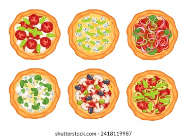 Italian pizzas, margherita with mozzarella cheese and tomatoes slices, pepperoni with basil vector set of cheese italian mozzarella pizza, food restaurant pizzeria illustration