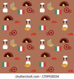 Italian pizzeria background, cook, flag, pizza, oven, tomatoes. Vector seamless painting art
