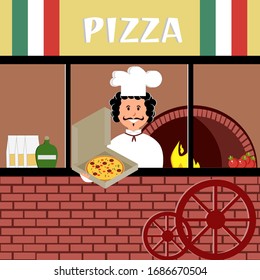 Italian pizzeria with a cook and a stove, pizza in a box. Vector painting art