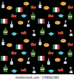 Italian pizzeria and coronavirus symbols seamless pattern on the black background. Medical mask, disinfectant, pizza, tomatoes. Vector set of illustrations