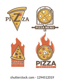 Italian pizzeria and pizza delivery promo emblems set. Delicious dish and flame on logotype. Tasty cuisine cafe and online service logos isolated cartoon flat vector illustrations on white background.
