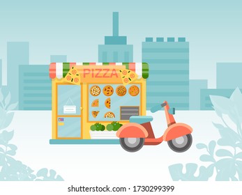 Italian pizzeria urban street kiosk, shop place quick delivery by motorbike flat vector illustration. Fast food service company street meal selling, city landscape web business banner.
