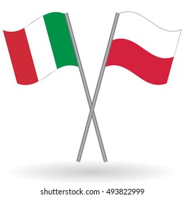 Italian and Polish crossed flags. Italy combined with Poland isolated on white. Language learning, international business or travel concept.