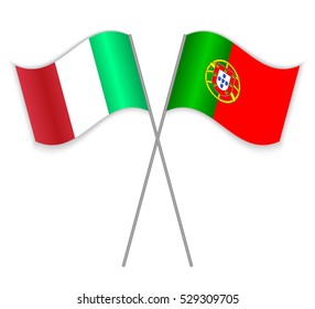 Italian and Portuguese crossed flags. Italy combined with Portugal isolated on white. Language learning, international business or travel concept.