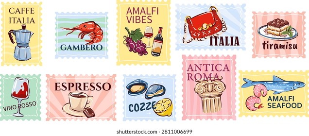 Italian postage stamp set with coffee, wine, seafood, tiramisu, Roman column and Amalfi motifs. Travel branding and packaging use Italian postage stamp set, cartoon vector illustration.