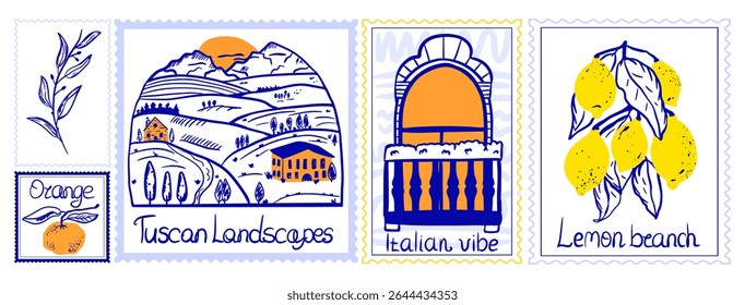 Italian postage stamps in hand-drawn style. Travel set of blue art cards. Set of stamps with Tuscan landscape, balcony, citrus and olive branch