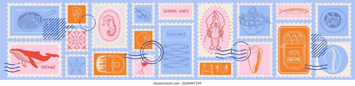 Italian postal vacation doodle sticker. Sicily summer stamp print. Hand drawn vintage postage illustration with grunge charcoal element. Coastal ocean postmark design. Mediterranean food, sardines.	