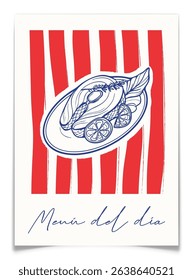 Italian poster with baked fish and lemon on plate. Retro banner with pencil drawn Mediterranean cuisine. Vintage elegant blue ink pen drawing. Kitchen, restaurant menu decoration. Vector illustration.