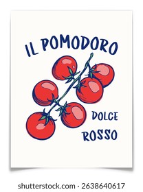 Italian poster with branch of cherry tomatoes. Retro banner with pencil drawn red fresh vegetables. Vintage elegant blue ink pen drawing. Kitchen, restaurant or bar decoration. Vector illustration.
