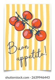 Italian poster with branch of cherry tomatoes. Retro banner with pencil drawn red fresh vegetables. Vintage elegant blue ink pen drawing. Kitchen, restaurant or bar decoration. Vector illustration.