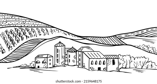 Italian provincial landscape with vineyard fields and houses. Outline illustration of hilly italian countryside. Vector mountaine design.