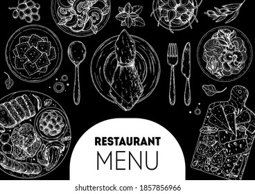 Italian ravioli. Food top view. Sketch illustration.  Italian cuisine. Hand drawn. Food menu design template. Hand drawn sketch vector illustration. 