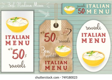 Italian Ravioli Stickers Set on Blue Wooden Background in Retro Style. Vector Illustration.
