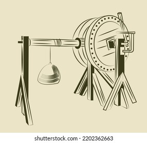 Concepto del Renacimiento Italiano. Invención de Leonardo da Vinci. Esbozo de la rueda de Arquímedes de madera para bien. Ciencia e ingeniería. Dibujo vectorial lineal vintage de dibujos animados sobre fondo beige