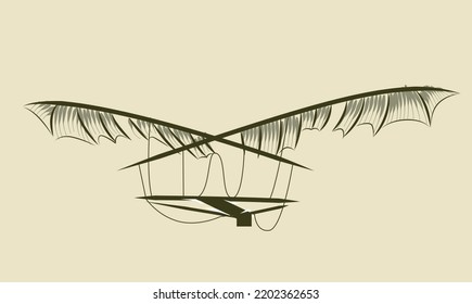 Italian Renaissance Concept. Poster With Old Engineering Drawing Or Sketch Of Invention By Leonardo Da Vinci. Airplane Or Hang Glider. Cartoon Vintage Linear Vector Illustration On Beige Background