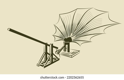 Italian Renaissance concept. Poster with sketch of Leonardo da Vinci invention for lifting heavy objects. Design element for print. Cartoon vintage linear vector illustration on beige background