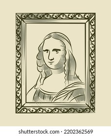 Italian Renaissance. Retro poster with beautiful portrait of girl with mysterious smile. Famous Mona Lisa. Era of Leonardo da Vinci. Cartoon vintage linear vector illustration on beige background