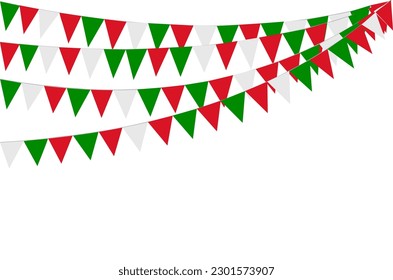 Italian republic day, 2nd June. Bunting Hanging Red White Green Flag Triangles Banner Background. Italy, Iran, Portugal, Lebanon, Italiana, Bulgaria, Mexico. Party, Fair, Christmas, New year, carnival