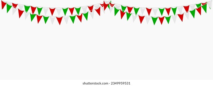 Italian republic day, 2nd June. Bunting Hanging Red White Green Flag Triangles Banner Background. Italy, Iran, Portugal, Lebanon, Belarus, Bulgaria, Mexico. Party, Fair, Christmas, New year, carnival.