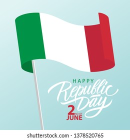 Italian Republic Day, june 2 greeting card with waving national flag of Italy. Vector Illustration.