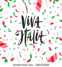 Italian republic day vector illustration. Brush lettering greeting and confetti in color of national flag.