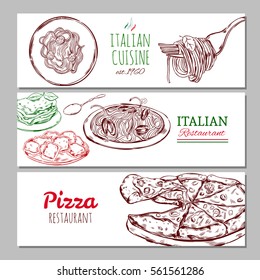 Italian restaraunt horizontal banners with pasta lasagna spaghetti ravioli pizza in sketch style vector illustration 