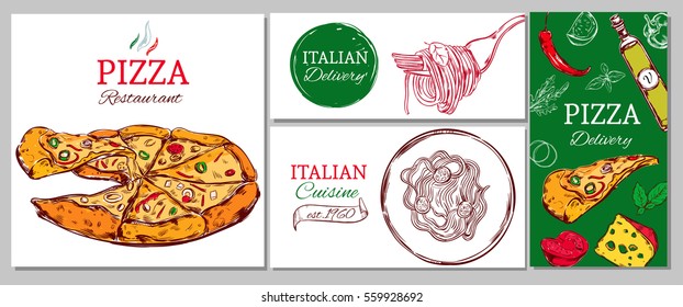 Italian restaurant corporate identity template with pizza pasta and different ingredients vector illustration