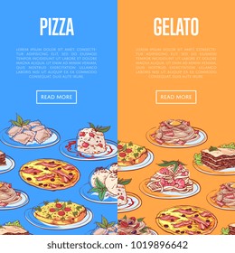 Italian restaurant flyers with national cuisine dishes. Pizza, pasta with shrimp, gelato ice cream, ravioli, tiramisu, frittata, spaghetti bolognese, lasagna, panna cotta vector illustration.
