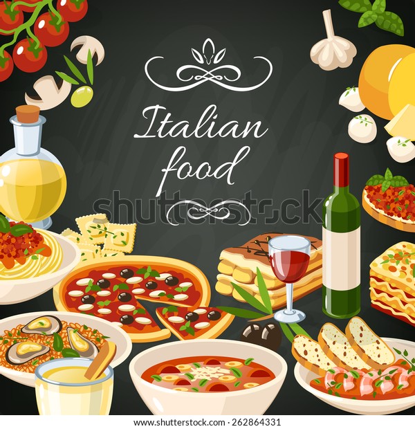 Italian restaurant food background with olives pasta garlic spaghetti illustration.