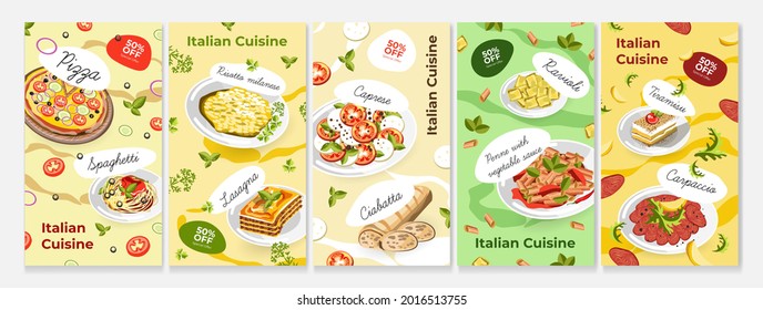 Italian restaurant food, business story set, vector illustration. Vertical menu banner with pizza, spaghetti and lasagna. Culinary sale design for caprese, ravioli, ciabatta and flat tiramisu.