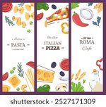 Italian restaurant food menu cover with pizza, pasta lettering. Delicious food cooking ingredients posters templates set. Italian cuisine concept creative banners with text flat vector illustration