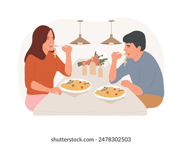 Ilustraciones vectoriales de dibujos animados aisladas. Pareja joven comiendo pasta italiana en un restaurante de lujo, relación romántica, cena de primera cita, gente estilo de vida Vector de dibujos animados.