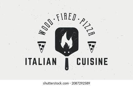 Italian Restaurant logo, poster. Italian Cuisine. Pizza emblem with oven, pizza slice and fire flame. Vintage poster, logo for restaurant, menu design.