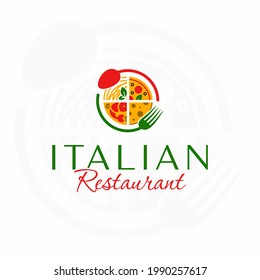 Italian restaurant logo. Spaghetti. Pizza. Italian cheese. Seafood. Circle spoon and fork. Italian food.