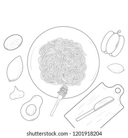 Italian Restaurant Menu Top View Illustration. Spagetti And Ravioli Table Background.