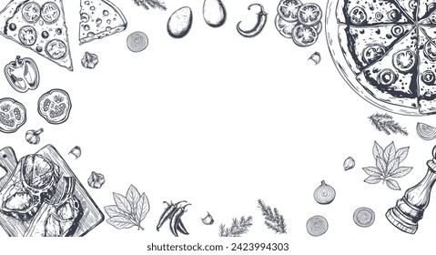 Italian restaurant menu top view in outline. Ravioli on plate table background. retro old school style illustration. Free space Vector illustration