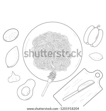 Italian restaurant menu top view illustration. Spagetti and ravioli table background.