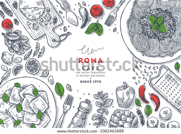 Italian restaurant menu top view\
illustration. Spagetti and ravioli table background. Engraved style\
illustration. Hero image. Vector\
illustration