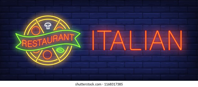 Italian restaurant neon sign. Pizza with ribbon on brick wall background. Vector illustration in neon style for original cuisine and pizzeria