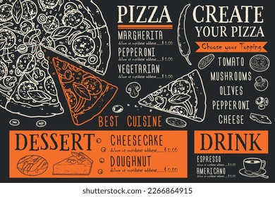 Italian restaurant pizza menu colorful with list of toppings and prices for assortment dishes and drinks of pizzeria vector illustration